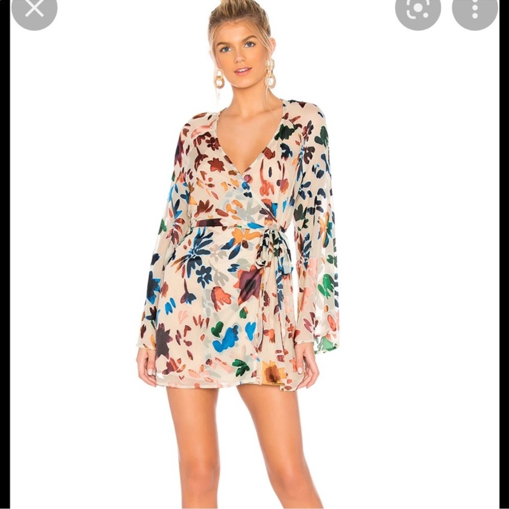 Tularosa Pink and Blue Wrap Mini Dress with Bishop Sleeves